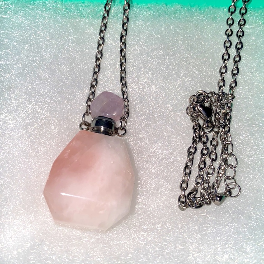 COPY - Natural Rose Quartz Perfume Bottle Sterling Silver Necklace 16” - Picture 2 of 8